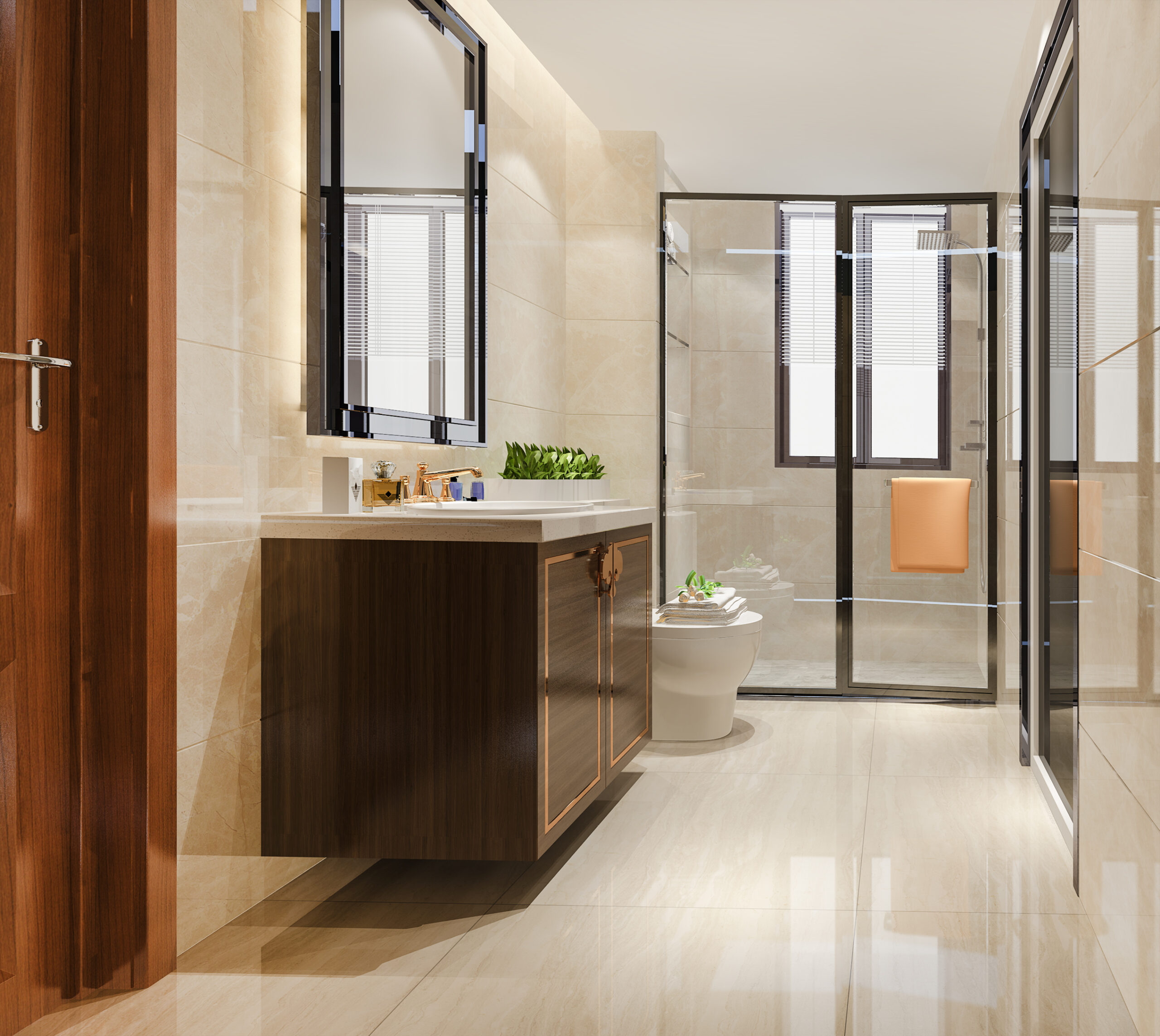 Elegant bathroom featuring a spacious walk-in shower with a low threshold, serving as a perfect example of stylish Maryland bathroom safety modifications.