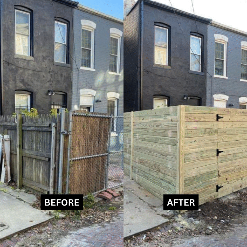 Side-by-side 'Before' and 'After' photos of a dramatic backyard transformation, showing a dilapidated boundary line replaced by a sleek, new custom Modern Privacy Fencing Maryland.