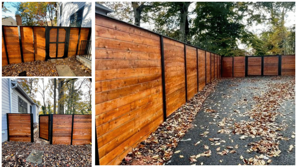 A photo collage featuring multiple close-up views of a custom horizontal wood slat fence, a premier and stylish example of Modern Privacy Fencing Maryland.