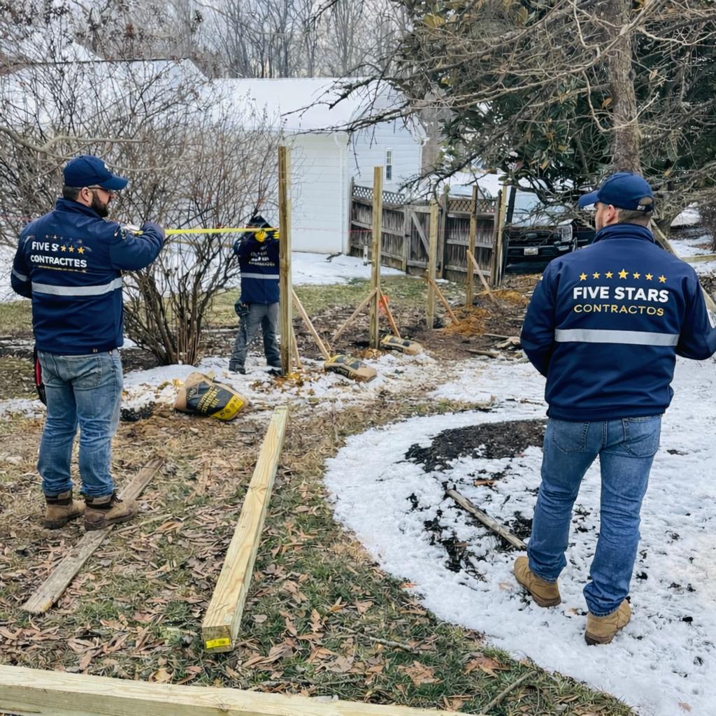 Five Stars Contractors crew replacing damaged wood fence posts in the snow, providing fast Emergency Fence Repair Maryland 2026.