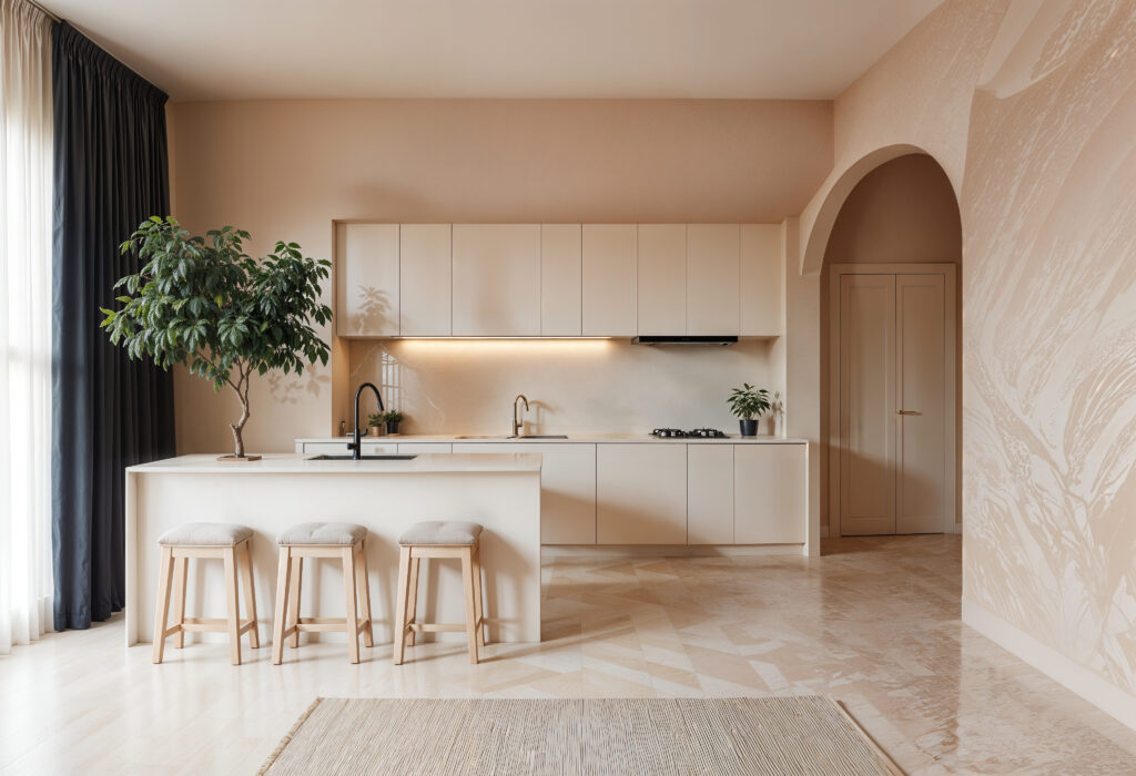 Bright and minimal interior featuring soft beige cabinetry, a sleek island with light wooden stools, and an elegant arched doorway, showcasing a serene and modern take on warm neutral kitchens.