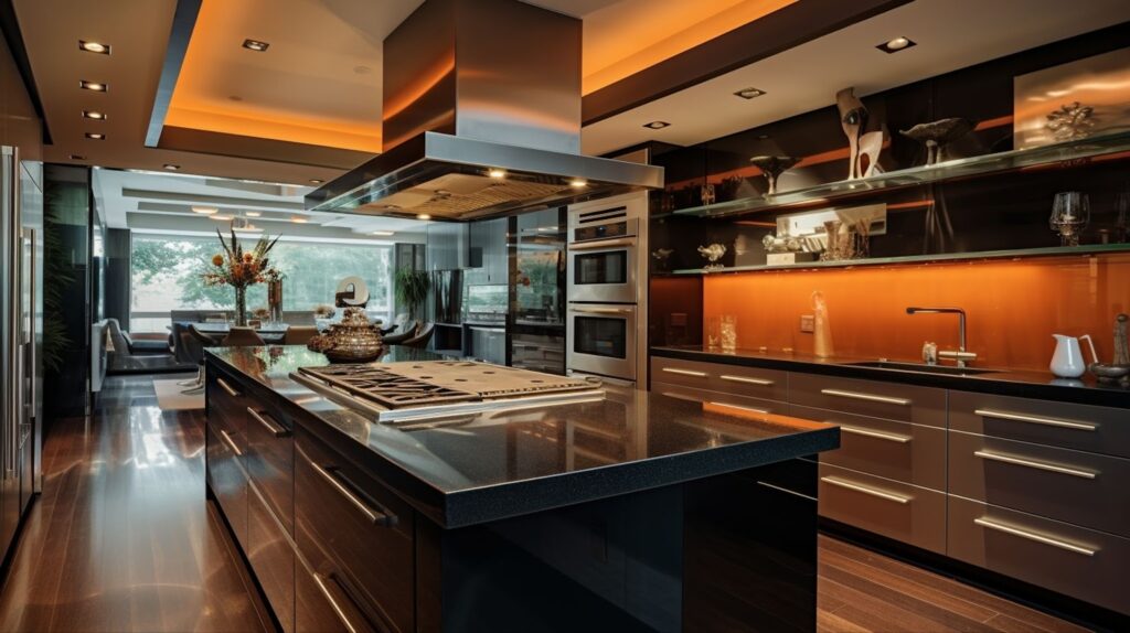 Sophisticated and dramatic ultra-modern luxury kitchen with sleek dark wood flat-panel cabinetry and a massive black quartz waterfall island. Suspended geometric pendant lights and orange LED strip accent lighting provide sophisticated warmth, perfectly defining 2026's bold take on warm neutral kitchens.