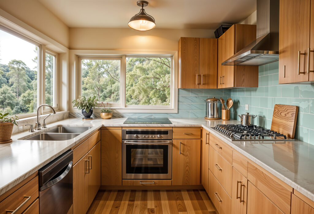 Bright, modern-classic U-shaped kitchen featuring warm wood lower cabinetry, crisp white upper cabinets, quartz countertops, a subtle light blue tiled backsplash, and a large double window providing a panoramic view of a lush green forest, perfectly illustrating emerging warm neutral kitchens.