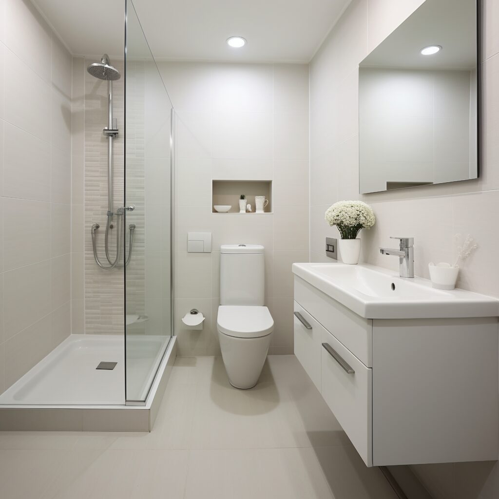 Bright, accessible bathroom showcasing a zero-threshold walk-in shower and comfort-height toilet as top-tier Maryland bathroom safety modifications.