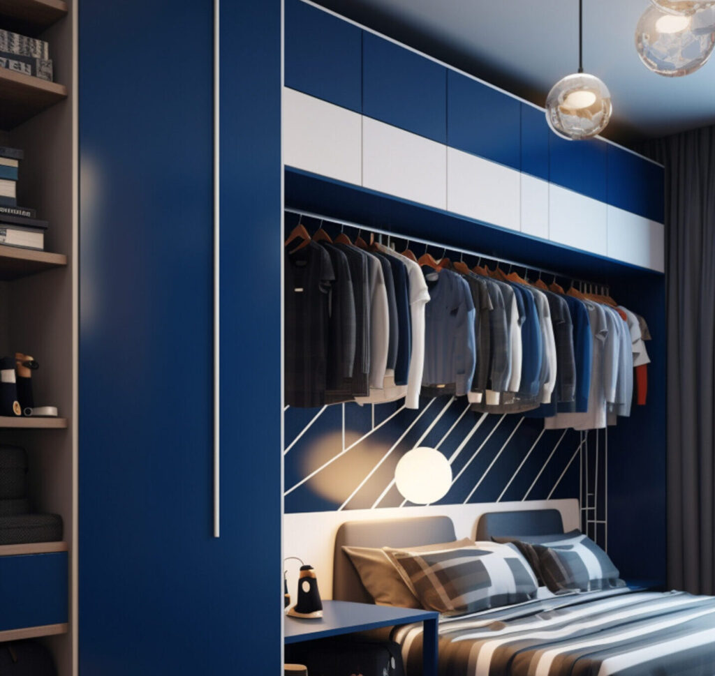 A modern blue and white built-in wardrobe over a bed, demonstrating a high-end custom closet installation Maryland for a juvenile bedroom.